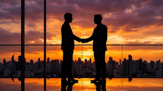 Business men shaking hands in silhouette against sunset sky over city skyline from high rise building balcony for corporate partnership and successful deal conclusion concept in evening