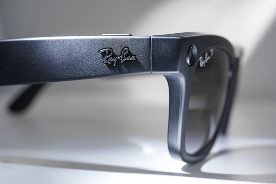 Dusseldorf, Germany - July 9 2026: Close view of black Ray-Ban Meta smart glasses with company logo and premium finish