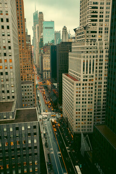 Aerial view of 42nd Street on a wet day in midtown Manhattan, New York City