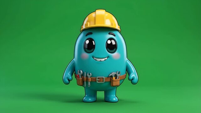 Cute cartoon character wearing a construction hard hat and tool belt on a green background, 3D rendering.