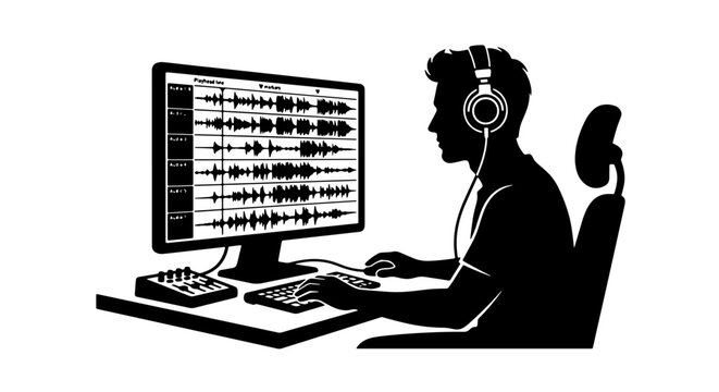 Audio Engineer Silhouette Working on Digital Audio Workstation, Sound Waveform Editing, Music Production Concept