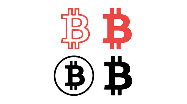 Minimalist Bitcoin cryptocurrency icons in black, red, outline and solid styles