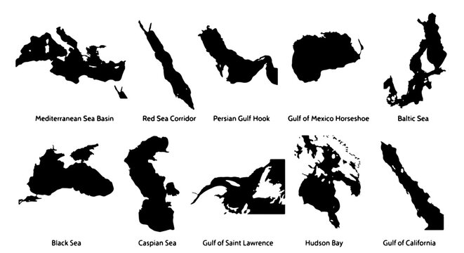 Set of 10 Black Silhouette Maps: Major Seas and Gulfs, Geographic Shapes, Vector Illustrations for Global Navigation and Cartography