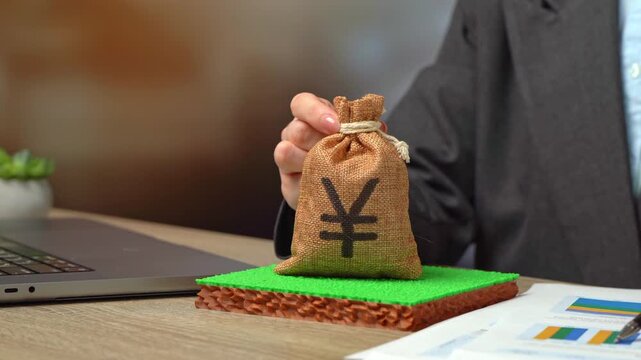 Yen or yuan money bag and a plot of land for sale. Bank collateral. Land for construction or business. Mortgage.