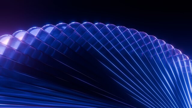 Abstract glowing blue glass fan structure with neon light reflections, Futuristic radial 3D background