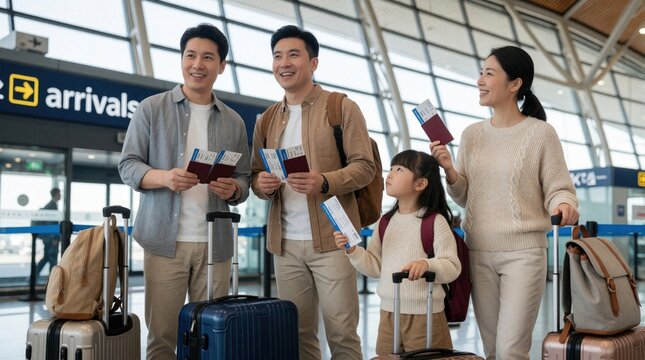 Asian family with luggage waits at airport arrivals with passports and tickets ready. Parents and daughter travel together for vacation, excited for journey. People stand indoors near glass wall.