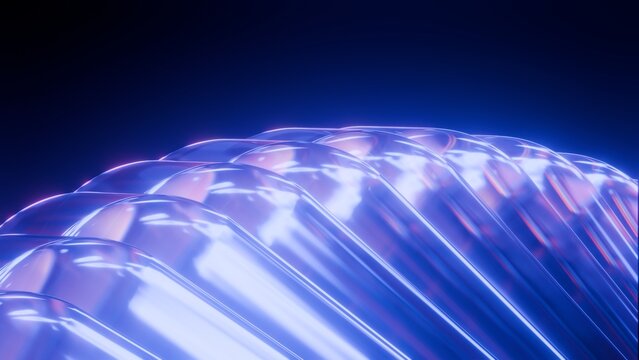 Abstract glowing blue glass dome surface with neon light reflections, Futuristic curved ribbed glass 3D render