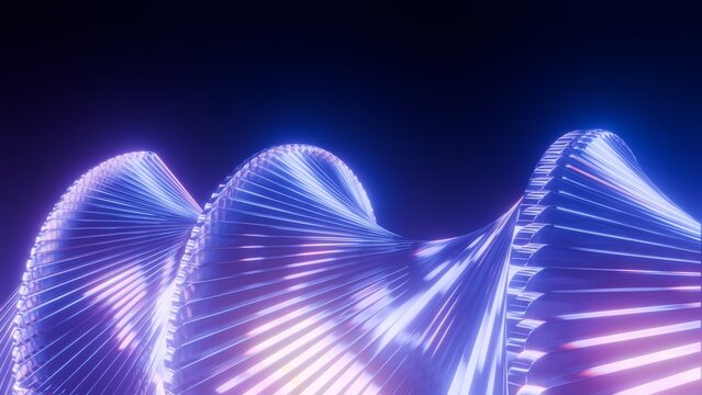 Abstract glowing glass DNA helix wave structure with blue and purple neon light reflections, Futuristic 3D render