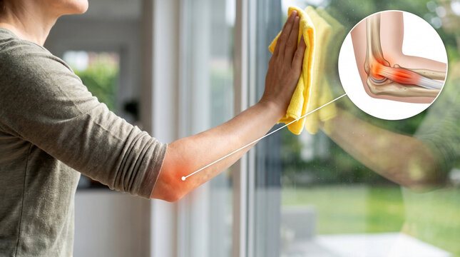 Woman cleaning a window while experiencing elbow pain from tennis elbow and repetitive strain