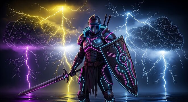 Fantasy warrior riding dragon through stormy sky.