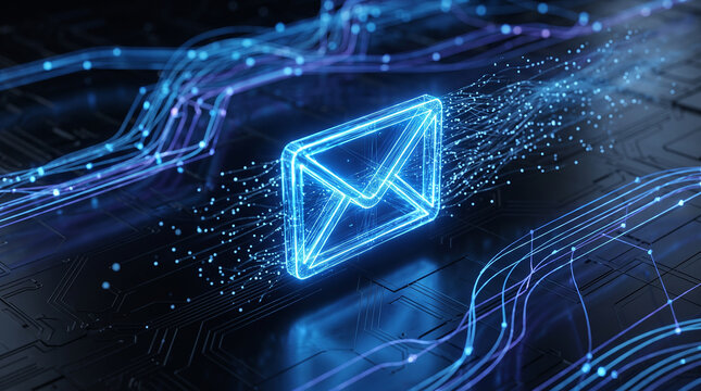 Futuristic digital envelope icon glowing in neon blue above circuit board background symbolizing email communication data transfer and modern information technology    generative ai
