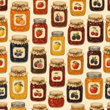 様々なフルーツジャムの瓶が描かれたシームレスパターン素材 Seamless pattern of various fruit jam jars illustration