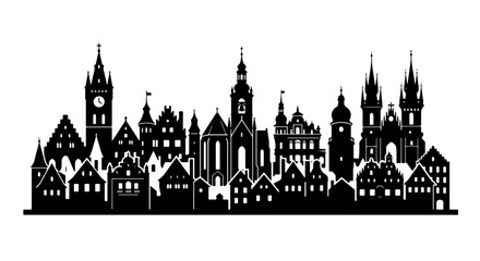Fototapeta premium Black Silhouette Cityscape Vector, European Architecture Skyline, Historic Buildings Panorama, Urban Landscape Illustration