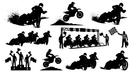 Naklejka premium Motorcycle Racing Silhouettes: Motocross Action, Dirt Bike Jumps, Podium Finish, Chequered Flag, 25 Vector Elements for Sports Graphics