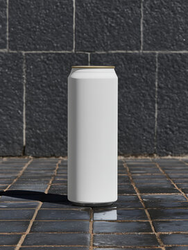 White soda can standing on dark tiled floor slightly covered in water, refreshing drinks concept. Fizzy tonic in an aluminum beverage can.