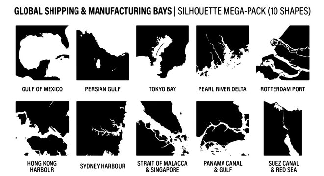 Global Shipping & Manufacturing Bays Silhouette Mega-Pack, 10 Shapes Vector Set for Logistics and Trade Concepts