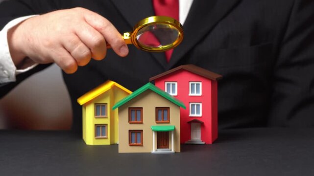 A businessman examines houses through a magnifying glass. Researching housing options and options. Real estate market. Valuation, notarization, and legal services support ownership transfer