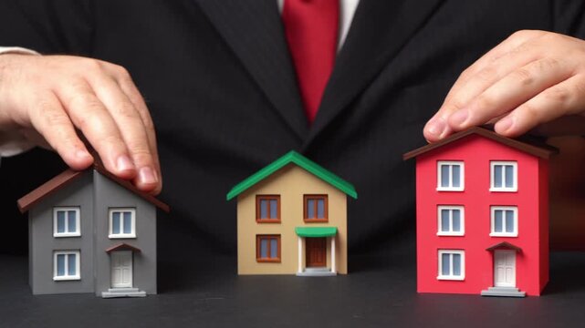Man selects a house with a tick. The best choice of housing. Competition winner.