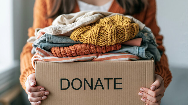 Person holding a cardboard box filled with donated clothing for charity non profit donation clothing volunteer kindness community secondhand humanitarian