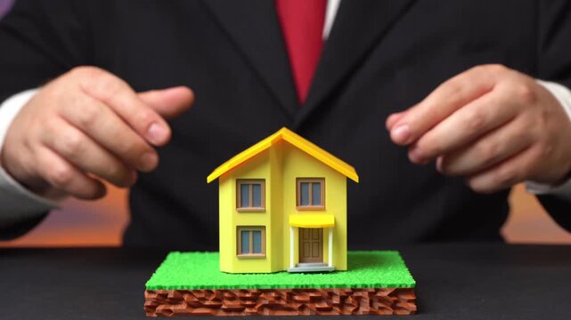 A businessman builds a house on a plot of land. Design and engineering of a housing project. Building a house.