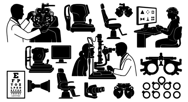 Optometry Equipment and Eye Exam Icons, Ophthalmologist Tools, Vision Care Vector Set, Medical Instruments Collection