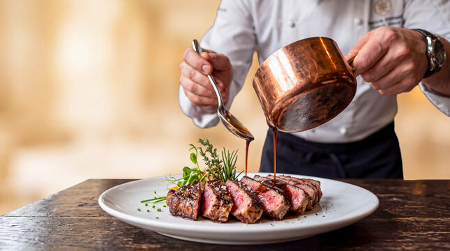 Chef Drizzling Sauce on Steak: A skilled chef garnishes a perfectly cooked steak with a rich sauce, showcasing culinary artistry and a gourmet dining experience.