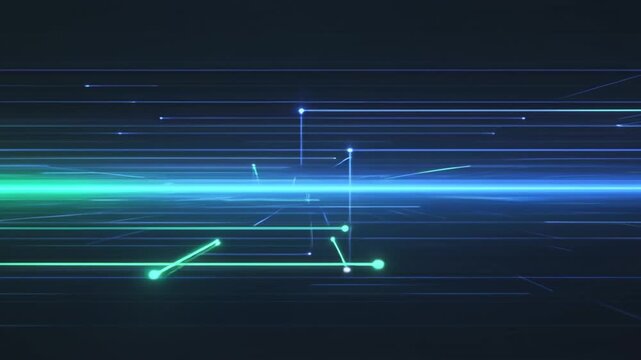 Abstract light streaks in blue and green colors create dynamic loops and patterns, illustrating motion and energy across a dark background in a continuous flow
