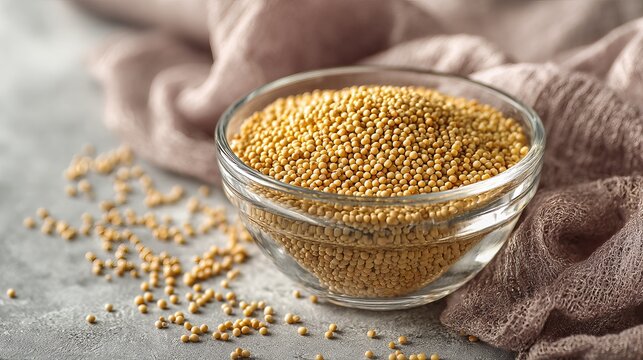 Yellow mustard seeds piled inside a clear glass bowl captured with soft natural lighting and a shallow depth of field