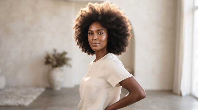 Portrait of a beautiful young woman with natural afro hairstyle in a bright studio.