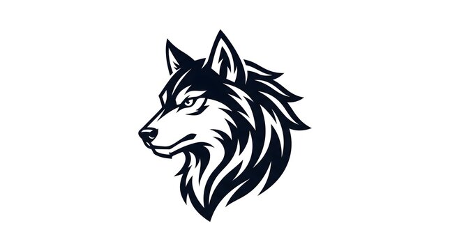Vector illustration of a fierce wolf head in profile view, featuring a bold black and white mascot logo design with sharp dynamic lines suitable for sports or gaming branding.
