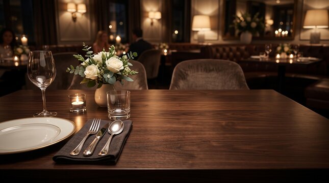 Dark wooden restaurant table surface with elegant dining setup and warm lighting, suitable for food branding background