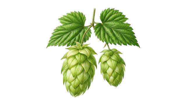 Fresh green hop cones with leaves for beer brewing isolated on transparent background