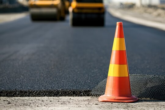 Orange traffic cone marks new asphalt paving with road rollers in background