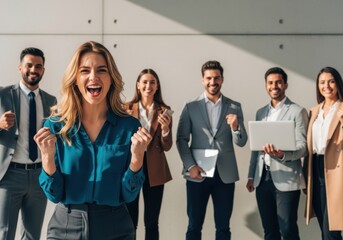Fototapeta premium Excited business team celebrating success in a modern office building