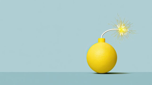 A bright yellow citrus fruit transformed into a lit bomb on a light blue background