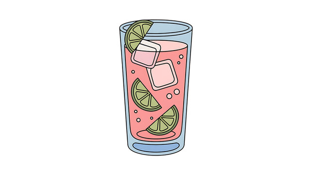 Pink cocktail glass with ice cubes and lime slices vector illustration isolated on white background