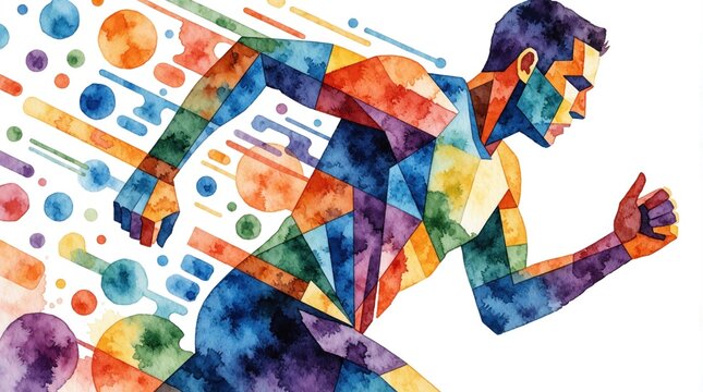 Abstract colorful watercolor illustration runner. Geometric man moves fast with energy motion. Athlete art conveys speed fitness health concept. Dynamic shapes vibrant design.