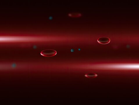 Microscopic view of red blood cells and tiny particles in fluid