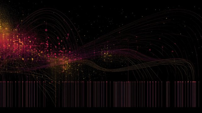 Abstract data visualization with glowing particle streams and vertical bars