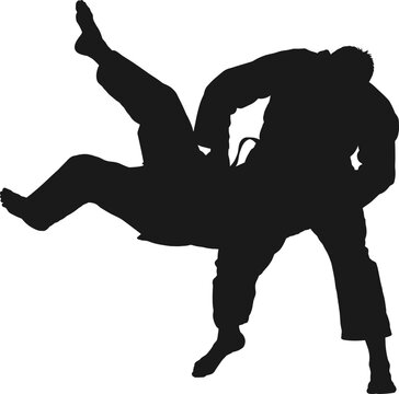 Judo athletes fighting silhouette vector illustration, two martial artists performing a throw move in competition, combat sport action