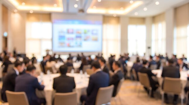 Blurred business professionals sitting at round tables in large hotel banquet room during corporate event with screens displaying charts and data for seminar or conference gathering