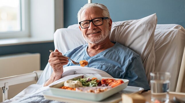 ortrait of a cheerful senior male patient with glasses and a beard, looking at the camera and smiling while eating a healthy balanced meal from a tray in a hospital bed or nursing home. Positive elde