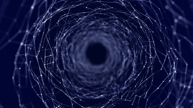 Technology wireframe circle tunnel on blue background. Futuristic 3D wormhole grid. Big data visualization. 3D rendering.