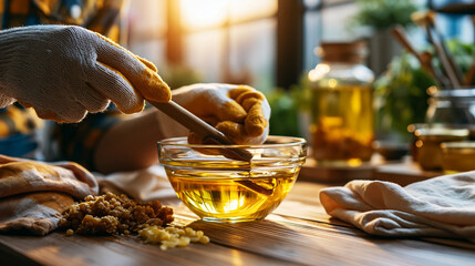 Obraz premium From a side-on crafting perspective, pair of gloved hands mixes natural wax polish in a glass bowl beside beeswax pellets and soft cloths, under bright natural daylight, upcycling,