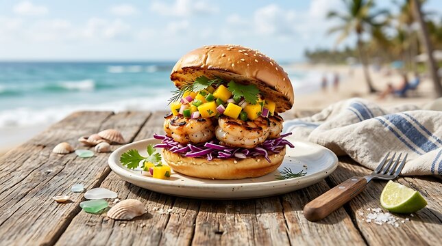 Fresh tropical fish burger with mango salsa and red cabbage on a rustic wooden table by the sunny beach. shrimp slider