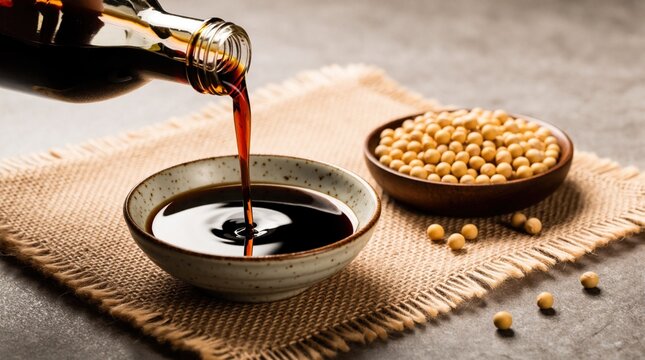 Dark soy sauce poured from glass bottle into ceramic bowl. Dry soybeans in wooden dish nearby. Kitchen setup for asian cooking flavor. Savory condiment ingredient for meals.