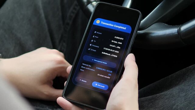 Person checks a completed cryptocurrency transfer on a smartphone, highlighting blockchain payments, wallet security, transaction transparency and the rise of decentralized finance.