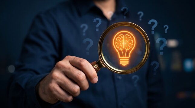 Businessman holding magnifying glass over brain lightbulb icon with floating question marks symbolizing strategic thinking and creative solutions for complex business challenges