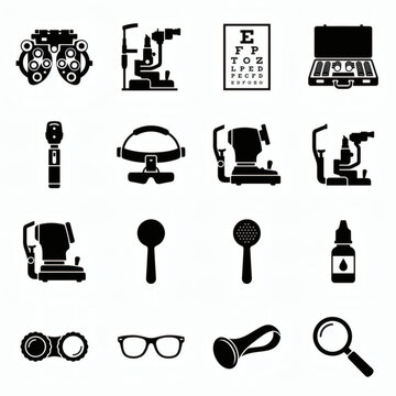 Vector collection of 16 ophthalmology, eye exam equipment, and optometry black silhouette icons on white background