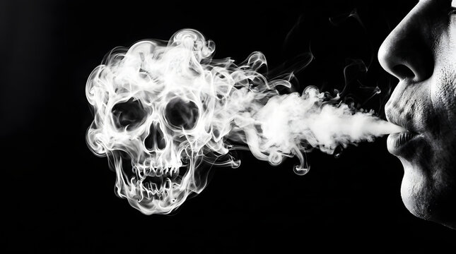 Dramatic black and white profile of a person exhaling thick vapor that forms a detailed skull against a dark background, representing the fatal consequences of smoking addiction.